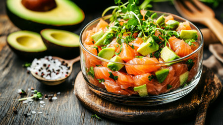 A vibrant and fresh salmon and avocado salad showcased in a glass bowl. Ideal for healthy meals and photography, this dish highlights natural ingredients.の素材