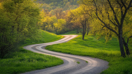 A picturesque winding road meanders through vibrant green fields and trees, showcasing the beauty of nature during springtime, inviting exploration and tranquility.の素材
