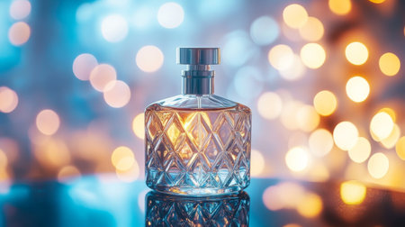 A stylish perfume bottle captured with a soft blurred background of warm lights, creating an elegant atmosphere perfect for beauty and lifestyle themes.の素材