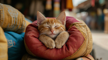 A charming orange cat peacefully sleeping on colorful cushions, showcasing its adorable nature and the cozy atmosphere of its surroundings. Ideal for cat lovers.の素材