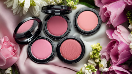 A beautiful arrangement of colorful blush compacts surrounded by fresh flowers on soft fabric, highlighting femininity and elegance in makeup artistry.の素材