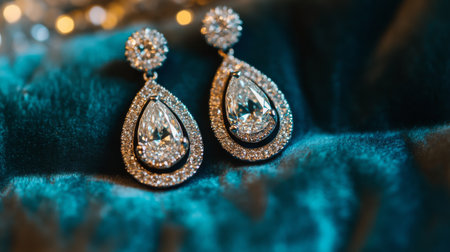 A stunning pair of teardrop earrings featuring sparkling gemstones, beautifully arranged on a rich velvet background, perfect for luxury photography or fashion projects.の素材