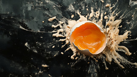 A dynamic composition featuring a broken eggshell with a vibrant orange yolk spilling out. The messy splash creates a striking contrast against a dark background, perfect for culinary and artistic themes.の素材