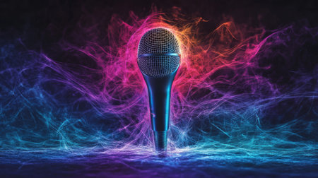 A stunning closeup of a microphone surrounded by colorful smoke in vibrant hues. Perfect for themes related to music, performance, and entertainment.の素材