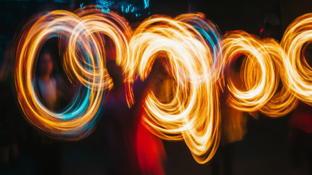 A captivating dance performance showcasing vibrant light trails created by fire. The image captures the essence of movement and celebration at night.の素材
