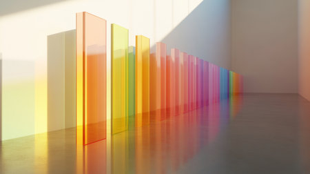 A minimalist interior showcasing colorful glass panels that create vibrant shadows and reflections, illuminating the space with a stunning spectrum of light.の素材