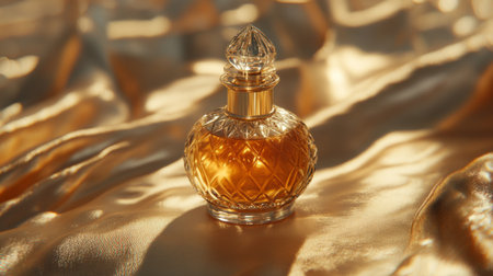 A beautiful glass perfume bottle sits elegantly on a soft, luxurious fabric, highlighting its intricate design and warm golden hue, exuding sophistication.の素材