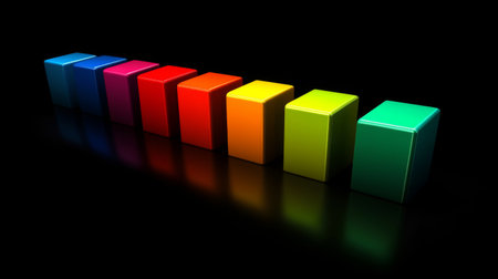 A striking arrangement of colorful cubes in a gradient display on a black background, showcasing vivid colors and modern geometric design. Perfect for artistic and creative projects.の素材