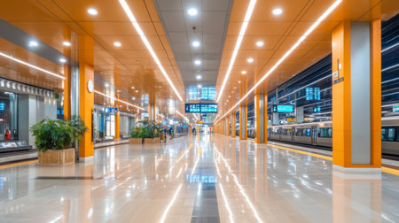 A spacious and modern train station interior featuring bright lighting and vibrant colors. The clean design emphasizes urban transportation convenience.の素材