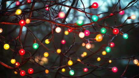 A vibrant display of colorful lights hanging from tree branches at dusk, creating a whimsical atmosphere perfect for the holiday season or festive occasions.の素材