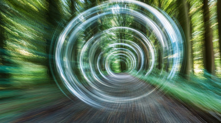 A captivating motion blur effect showcases a winding path through a lush green forest. The circular movement invites viewers into a serene and tranquil nature experience.の素材