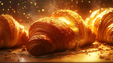 Close-up of golden croissants filled with melted cheese, highlighting the flaky texture and rich crumbs, perfect for breakfast or a delightful snack.の素材