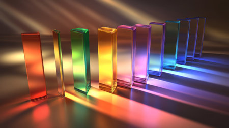 Explore the beauty of colorful glass blocks casting vibrant shadows, creating a mesmerizing interplay of light and reflections in an artistic arrangement.の素材