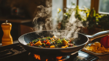 A vibrant scene of fresh vegetables cooking in a pan, emitting steam and showcasing a healthy meal preparation. Perfect for culinary themes and kitchen imagery.の素材