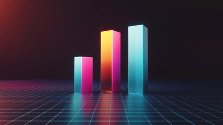 A vibrant 3D bar graph showcasing growth trends on a dark background. Perfect for representing data analysis, business success, and modern design concepts.の素材