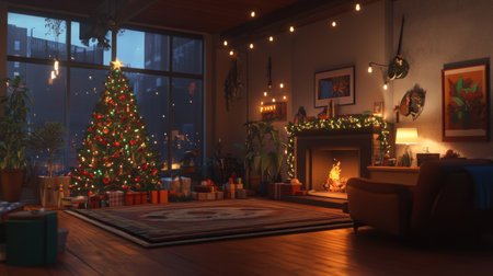 A warm and inviting Christmas living room featuring a beautifully decorated tree, twinkling lights, and a cozy fireplace, perfect for holiday celebrations.の素材