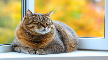 A cozy cat dozes peacefully on a windowsill, basking in the warm autumn sunlight. The soft fur and tranquil expression create a serene atmosphere.の素材