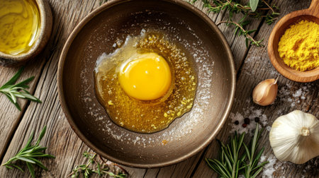 A vibrant egg yolk sits in a bowl with fresh herbs and spices, perfect for culinary creations. Emphasizes rustic cooking and natural ingredients.の素材