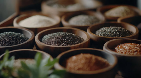 This captivating image features an assortment of seeds presented in rustic wooden bowls, showcasing their diverse textures and colors, perfect for food enthusiasts and culinary use.の素材