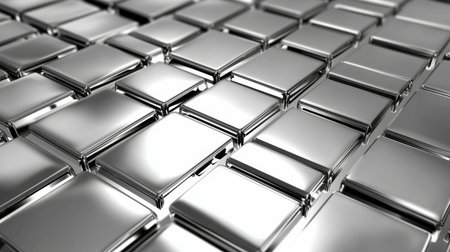 A captivating close-up of shiny metallic textures arranged in a grid pattern. This modern design features smooth surfaces that reflect light beautifully, perfect for technology and industrial themes.の素材