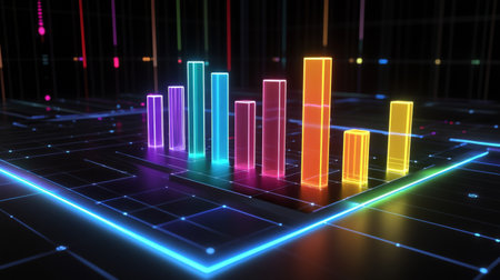 Vibrant neon bars represent data insights in a futuristic design. This visually striking chart captures attention and enhances presentations in technology and analytics.の素材