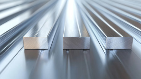 Close-up view of metallic bars on a reflective surface. The clean, shiny finish highlights the industrial design, showcasing precision and modern craftsmanship.の素材
