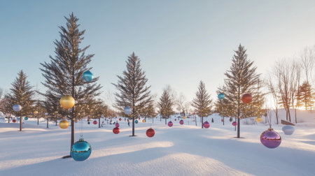 A picturesque winter landscape featuring evergreen trees adorned with colorful ornaments against a backdrop of fresh, untouched snow.の素材