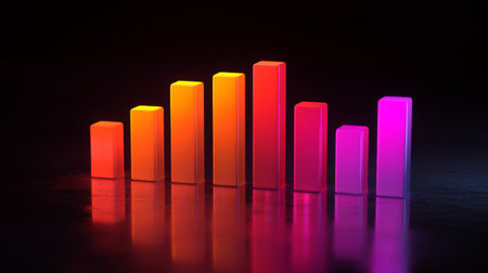 A vibrant bar graph showing growth and performance trends. The colorful gradient bars reflect against a dark surface, combining modern design with data visualization for analytics.の素材