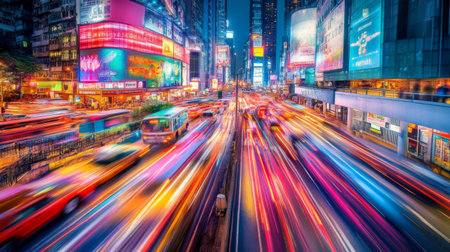 A vibrant night scene capturing the fast-paced life of a busy city intersection, with colorful lights and blurred motion from passing vehicles and towering skyscrapers.の素材