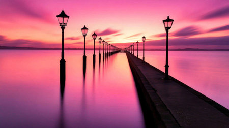 A stunning pier stretches into a tranquil body of water during sunset, illuminated by vintage lanterns. The sky is filled with vibrant purple hues, creating a serene atmosphere perfect for relaxation.の素材