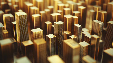 This abstract image showcases a golden cityscape with towering buildings, creating a luxurious and modern atmosphere. Ideal for urban-themed projects.の素材