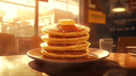 A stack of fluffy pancakes drizzled with warm syrup and topped with a pat of butter, perfect for a cozy breakfast or brunch setting.の素材