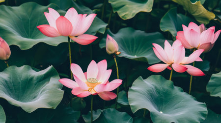Discover the delicate beauty of pink lotus flowers gracefully blooming in a tranquil pond, surrounded by lush green leaves, evoking peace and serenity.の素材