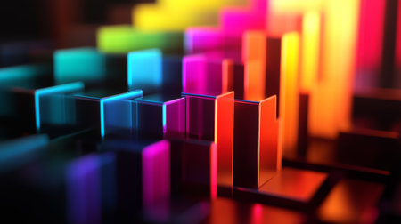 A mesmerizing arrangement of colorful glass blocks illuminated by dynamic gradient lighting. This abstract composition showcases vibrant hues and reflections, perfect for creative projects and modern designs.の素材