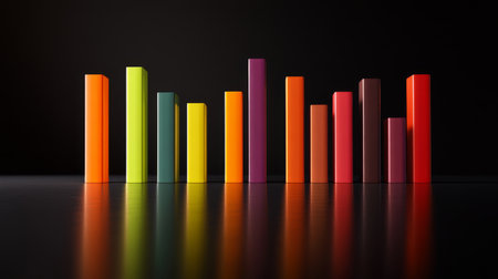 A vibrant display of colorful stacked bars reflects on a dark surface, highlighting geometric shapes and bright hues in a minimalist composition.の素材
