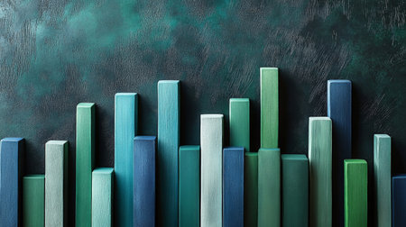 An abstract composition featuring colorful wooden bars in varying heights against a dark textured background, creating a striking visual impact.の素材