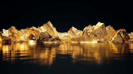 A stunning golden mountain range reflects beautifully on a dark water surface, creating a serene and elegant scene that captures nature's beauty and tranquility.の素材
