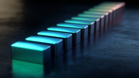 A vibrant arrangement of colorful dominoes lined up on a dark reflective surface, showcasing a modern design and playful interaction. Perfect for game enthusiasts and creative concepts.の素材