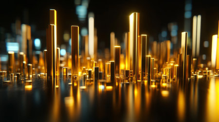 This abstract image showcases golden structures rising against a dark background, creating a vibrant and dynamic atmosphere. Ideal for modern designs.の素材