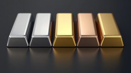A stunning arrangement of shiny metallic bars in gold, silver, and copper on a sleek dark surface, symbolizing wealth and investment opportunities. Perfect for business themes.の素材