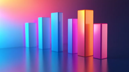 A vibrant 3D bar graph with colorful bars stands against a gradient background. This visually striking representation symbolizes data analysis and business growth.の素材