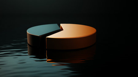 A modern pie chart in striking orange and black colors, beautifully reflected in dark water, symbolizing data analysis and business insights.の素材