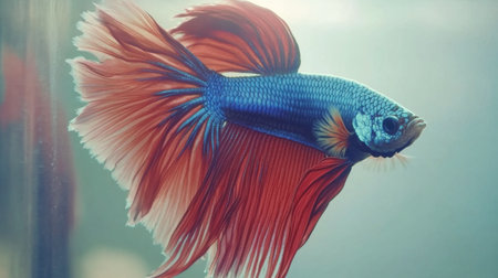A beautiful betta fish exhibiting vibrant blue and red colors swims gracefully in clear water. Perfect for aquatic-themed projects or pet care use.の素材