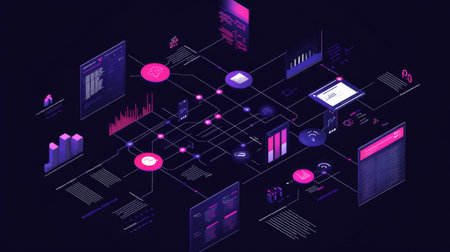 This image showcases a futuristic data visualization concept featuring colorful charts, graphs, and interfaces, ideal for technology and business projects.の素材
