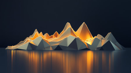A creative depiction of polygonal mountains illuminated softly. The light reflects on a serene surface, creating a calming and artistic atmosphere suitable for various design projects.の素材