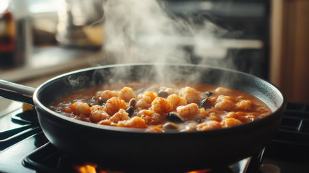 A close-up view of a steaming dish in a frying pan, showcasing vibrant colors and textures. The kitchen setting highlights the cooking process and warmth of homemade meals.の素材