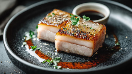 A beautifully plated pork belly dish with crispy skin, garnished with fresh herbs, served with a savory sauce. Perfect for gourmet dining or culinary inspiration.の素材
