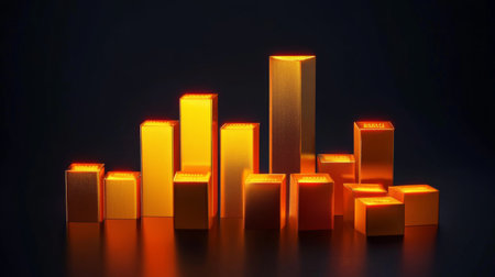 An artistic arrangement of glowing golden blocks set against a dark background, highlighting modern design and geometric shapes with vibrant illumination.の素材