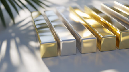 A collection of shiny gold and silver bars arranged in a sleek design, illuminated by natural light and casting delicate shadows, perfect for luxury-themed projects.の素材