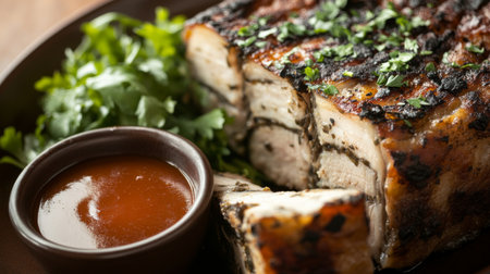 A succulent grilled meat dish garnished with fresh herbs and accompanied by a rich sauce, perfect for highlighting culinary delights at any gathering.の素材